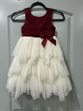 American Princess Burgundy Lace & Cream Layered Tulle Dress